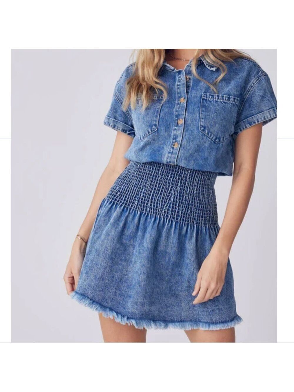 #125 Denim Elastic Waist Raw Hem Dress